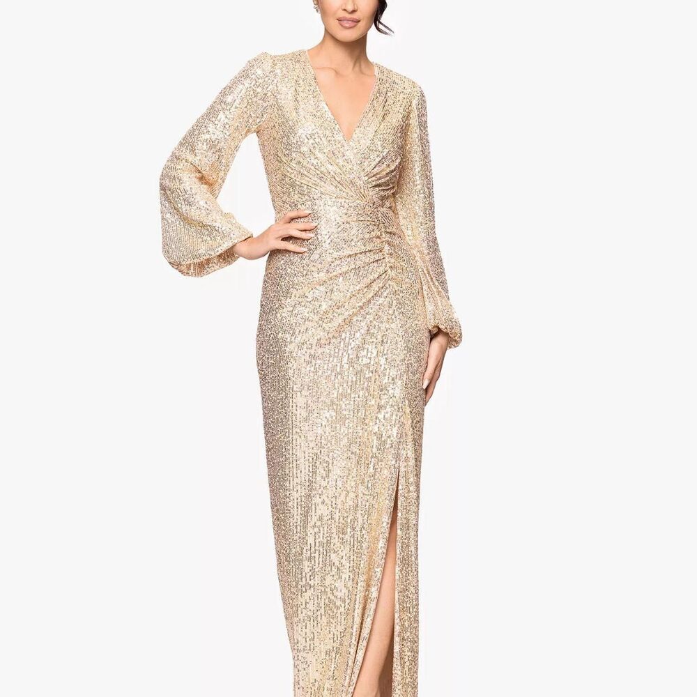Betsy & Adam Gold Sequin Maxi Dress